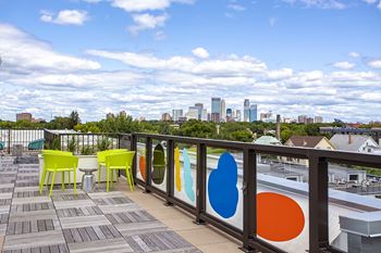 Patio with a view of the city skyline